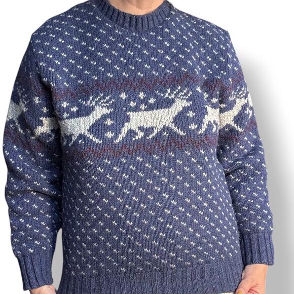 Vintage Sweaters - Vintage Blue Reindeer Wool Sweater Fair Isle Blue Knit Nordic Cottagecore Large